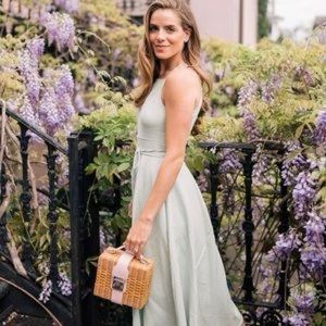 Gal Meets Glam Caroline Linen Blend Dress in Mint Leaf Green